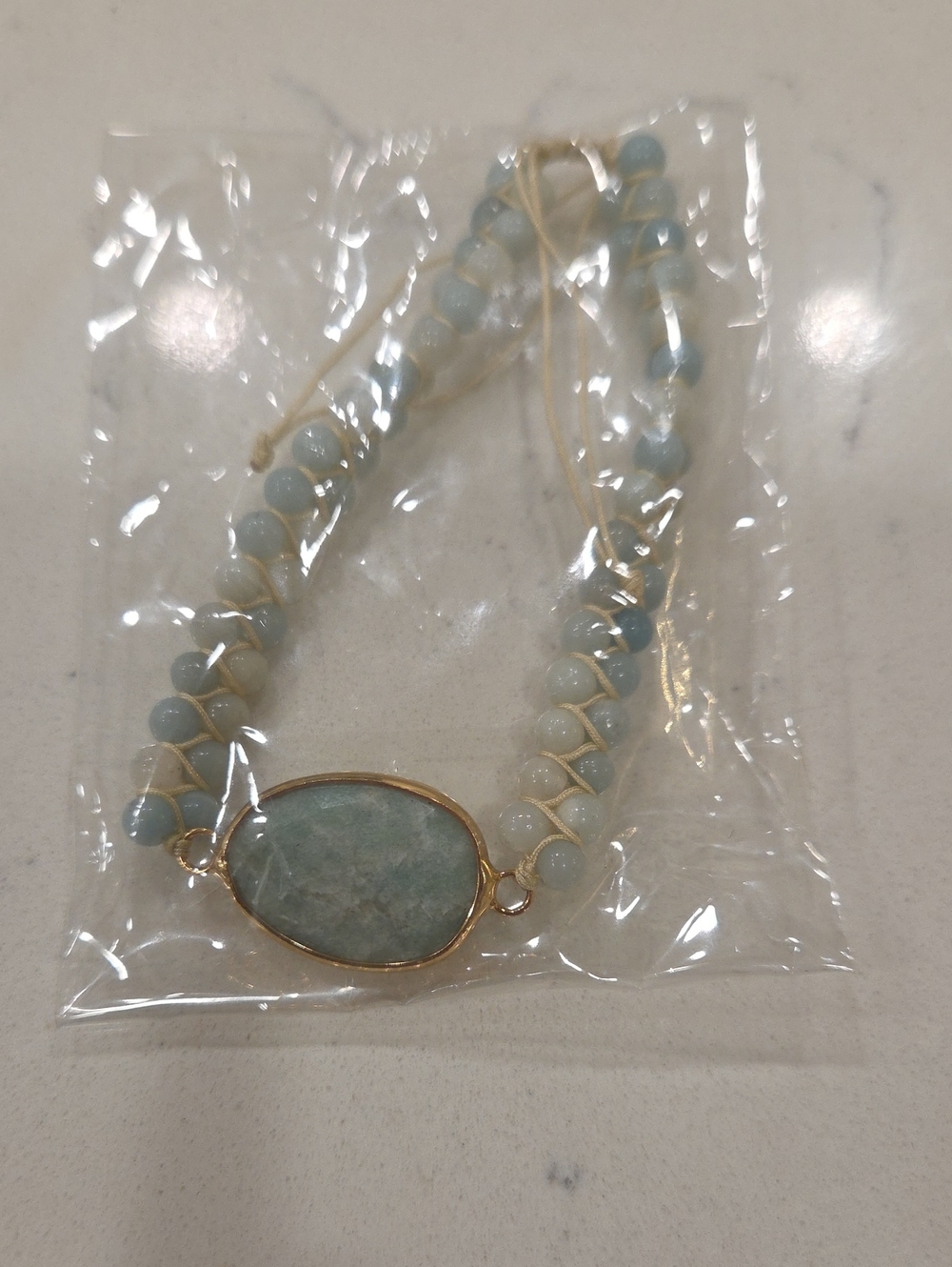 Handmade Aqua Beaded Statement Bracelet with Gold Accent